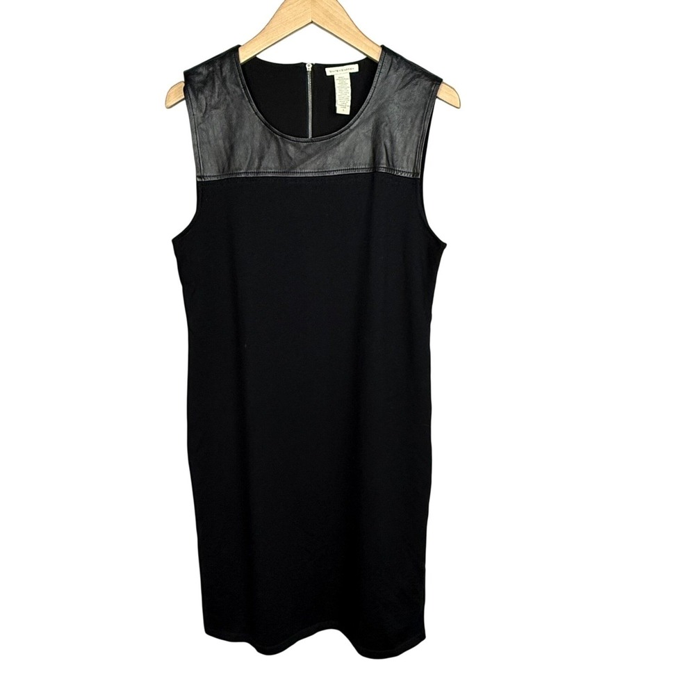 White + Warren Merino Wool Sheath Dress Women's L Black Sleeveless Leather Trim‎